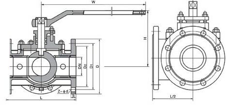 Q44F/Q45F三通球閥結構圖 Q44F法蘭(lán)三通球閥(圖1)